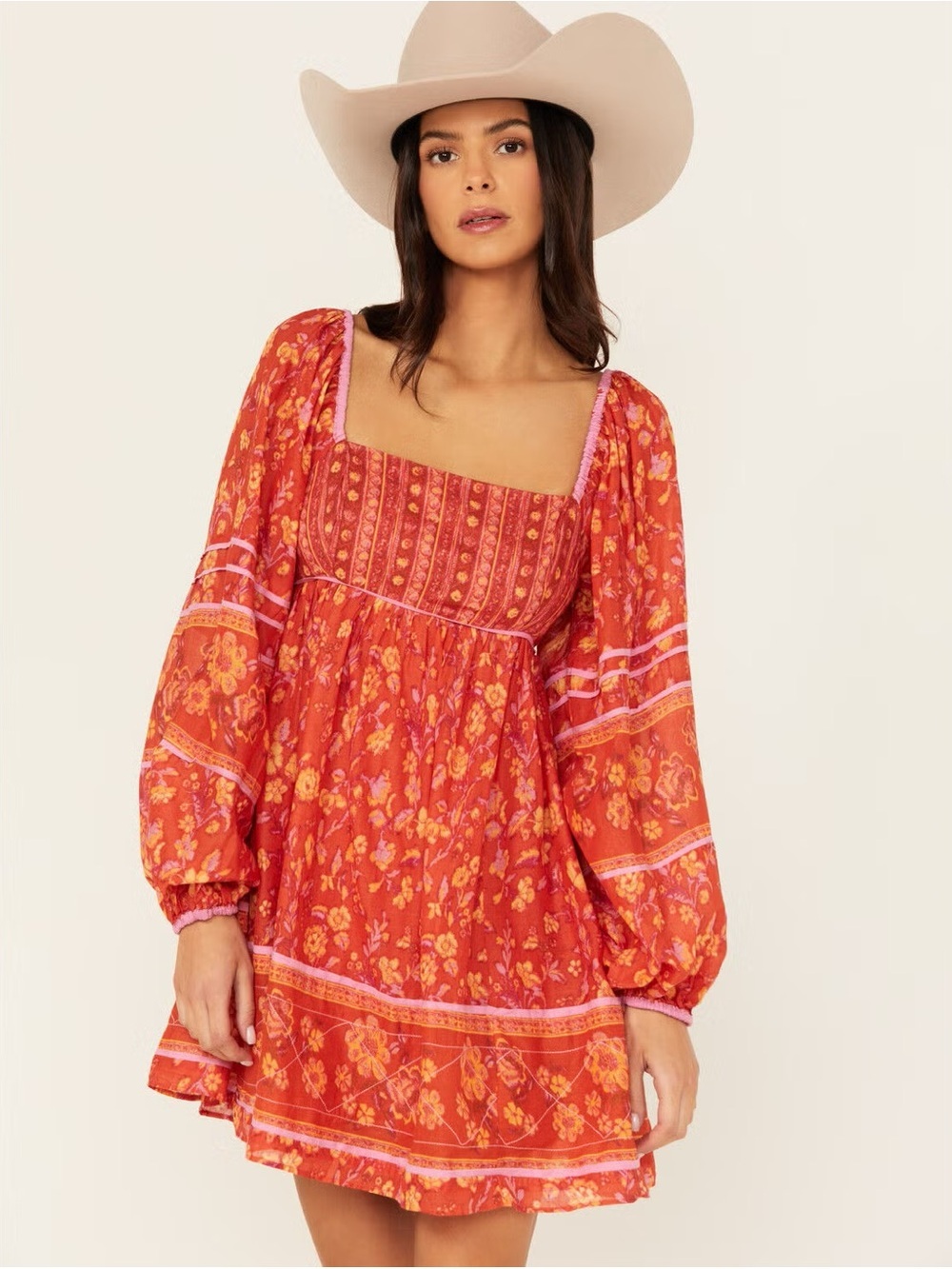 Free People Orange-Red Floral Square Neck Mini Dress